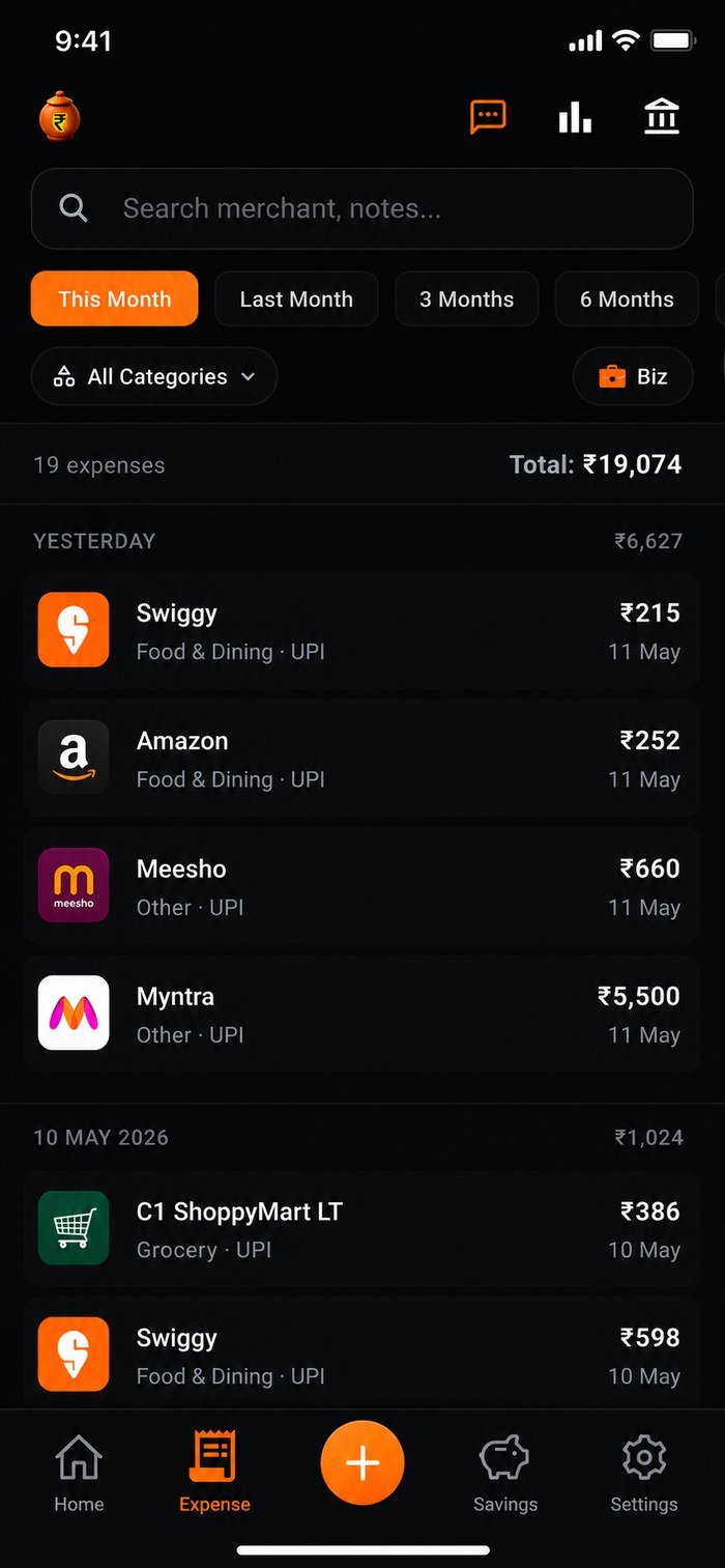 BachatPe expense list grouped by merchant and category